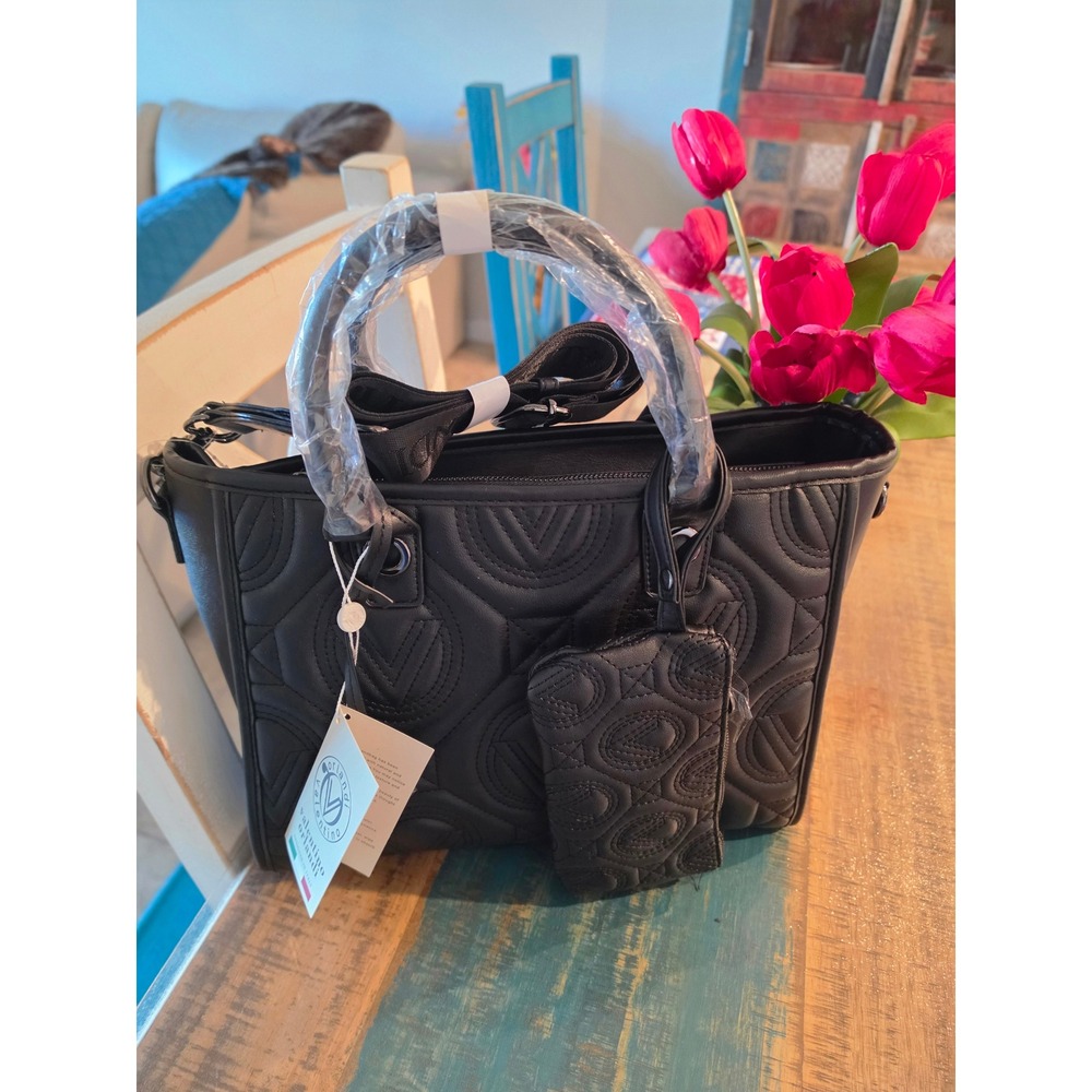 Valentina Orlandi‎ Black Quilted Tote Bag with Crossbody Strap and Pouch NWT